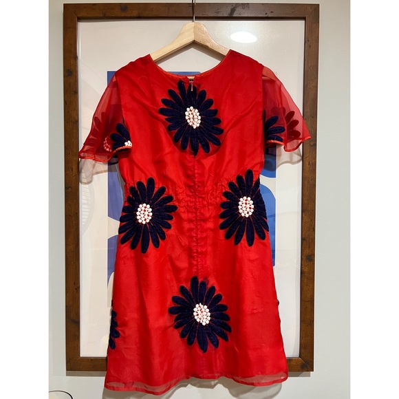 Vintage Red Chiffon Floral Embroidered Dress - Picture 2 of 3